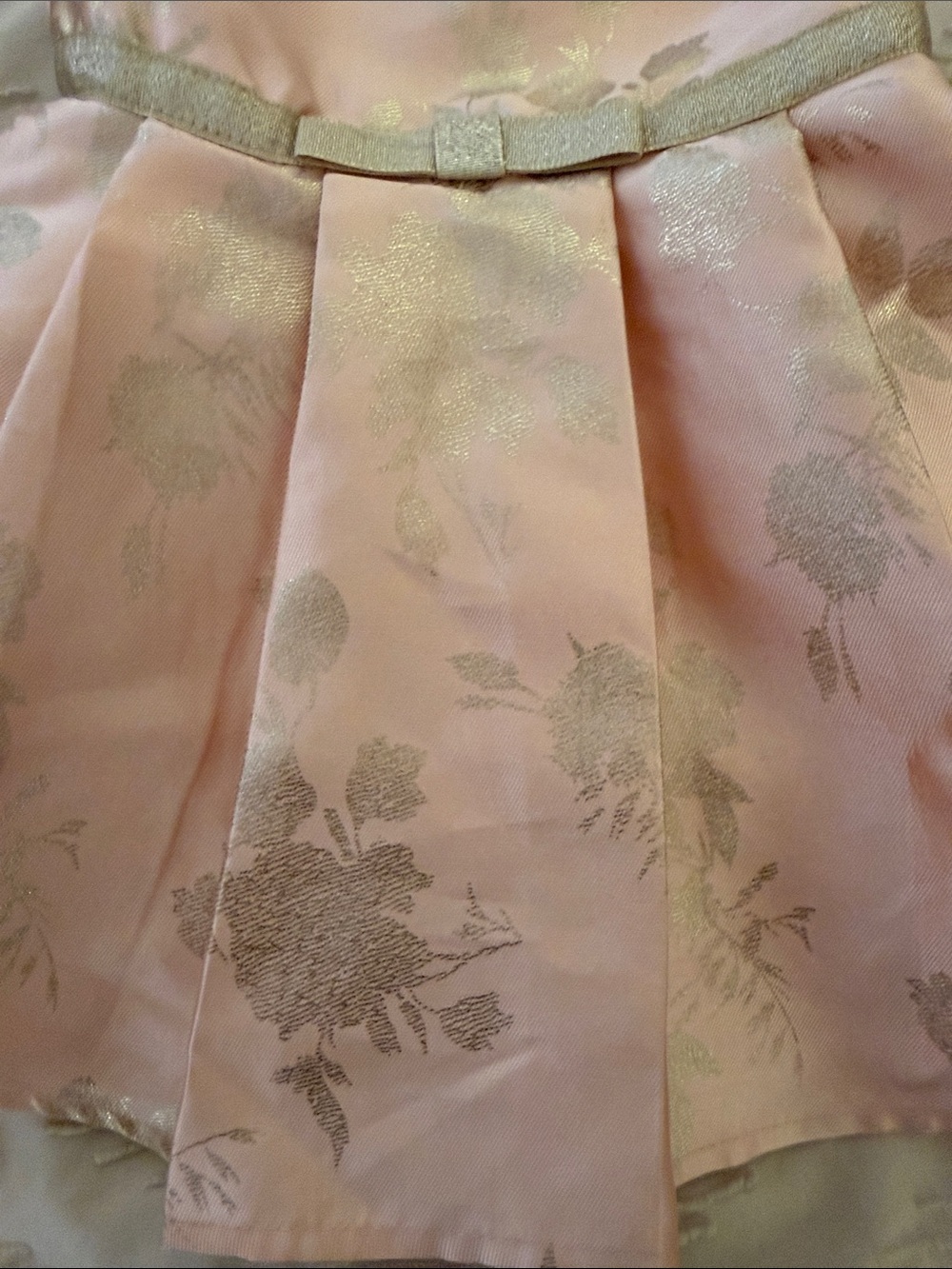 Girls Pink Floral Jacquard Party Dress with Gold Bow Belt - Picture 3 of 6